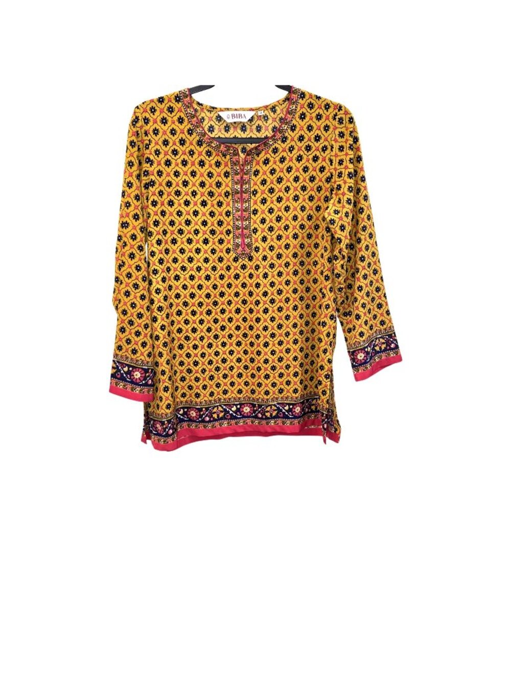 Biba mustard yellow tunic vibrant all-over black pink geometric print  4374
